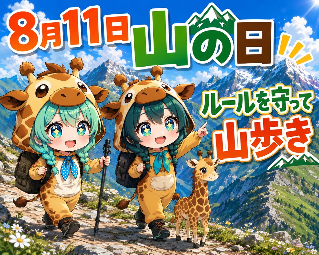 山を歩くキリン着ぐるみちび子ちゃん
