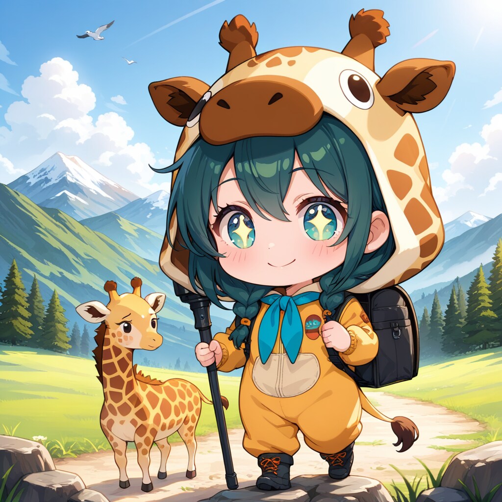 山を歩くキリン着ぐるみちび子ちゃん