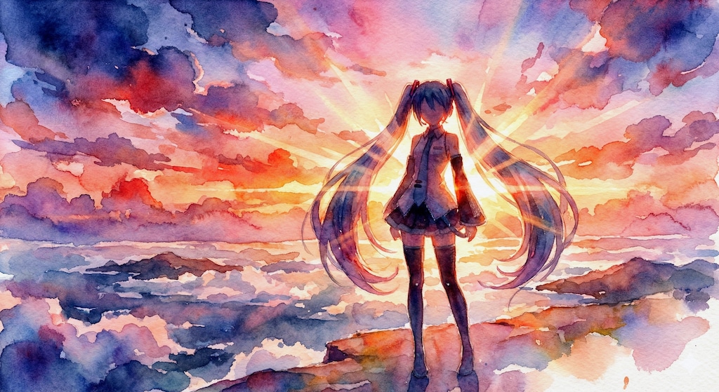 水彩画ミクさん　夕陽