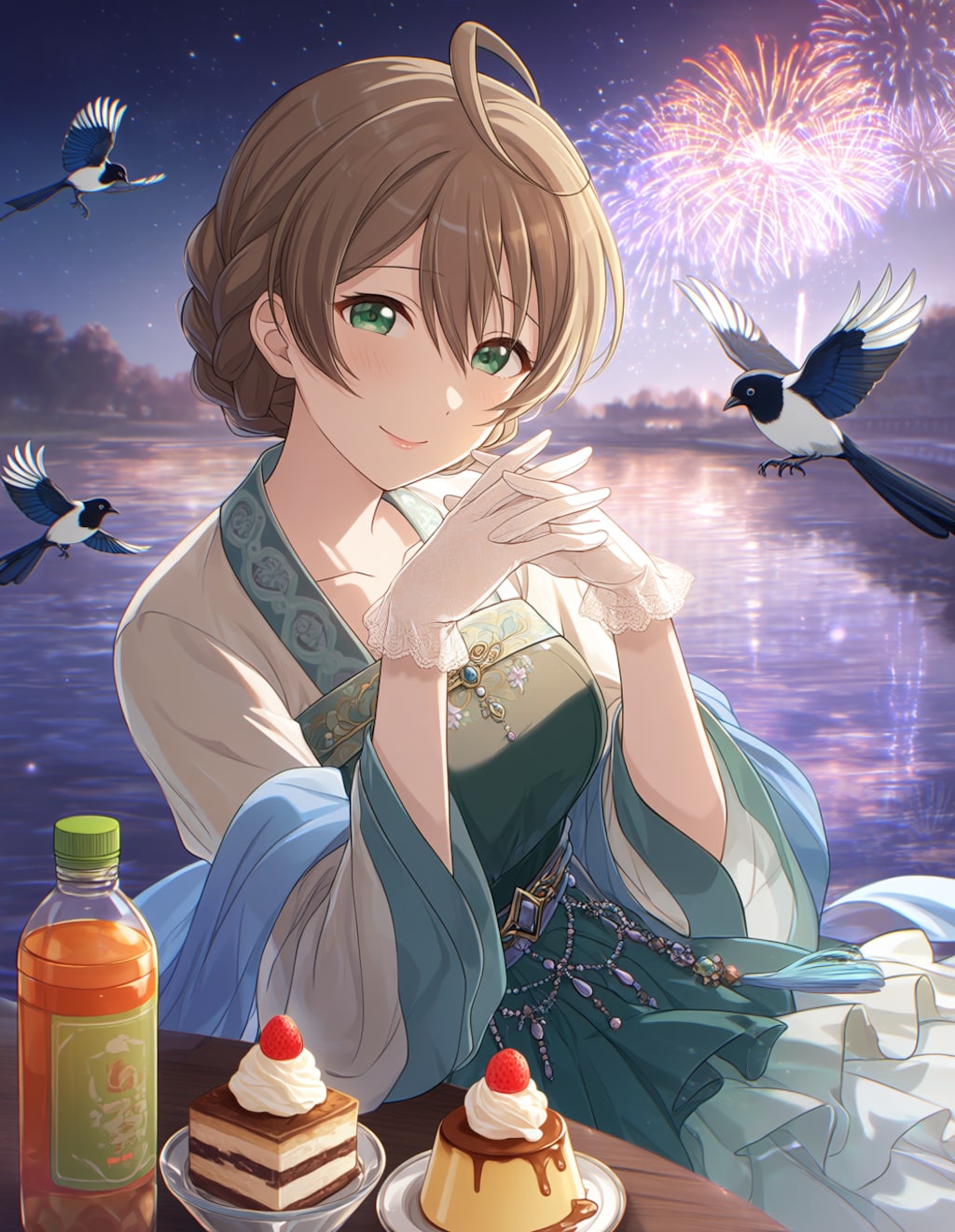 漢服の歌織さんと川辺の花火(PixAI版)