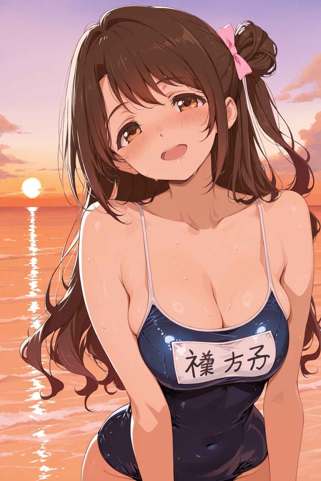 スク水のしまむーと夕方の海(ちちぷい版)