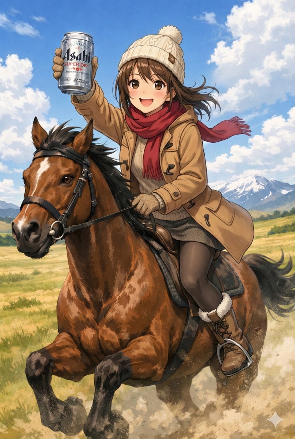 馬に乗りながら缶ビールを掲げる女の子。