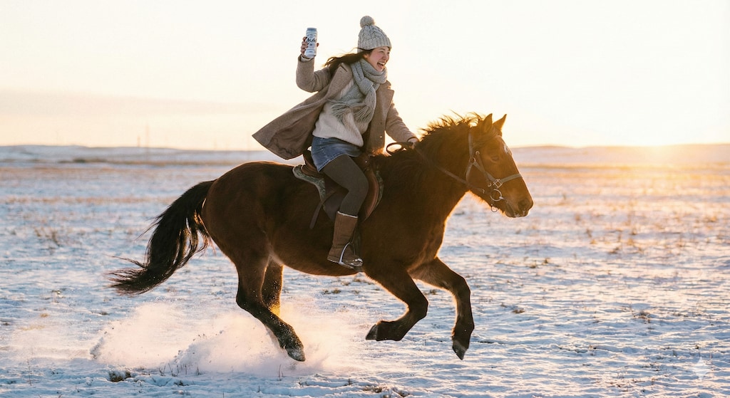 馬に乗りながら缶ビールを掲げる女の子。