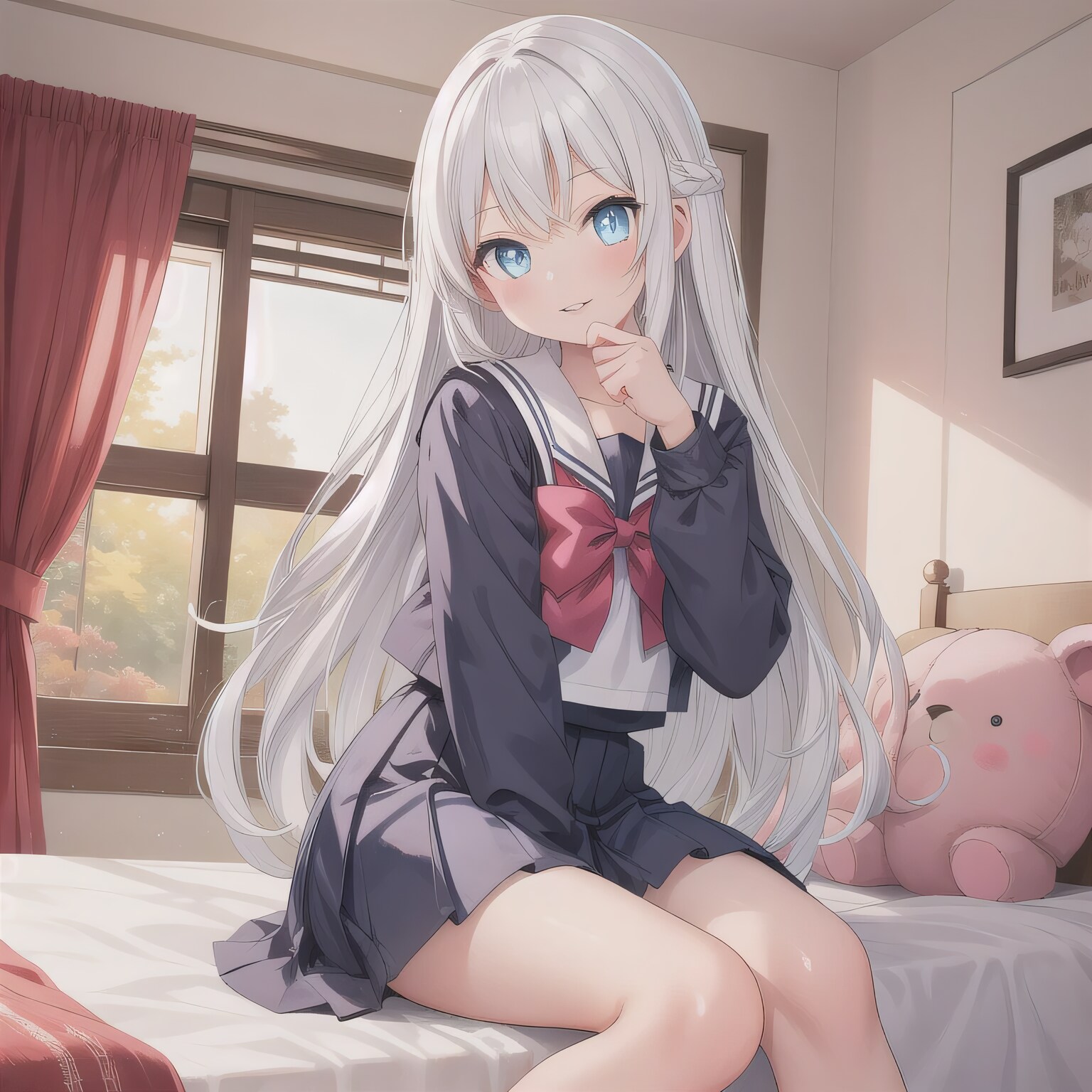 銀髪ロングで寝室の少女 | の人気AIイラスト・グラビア