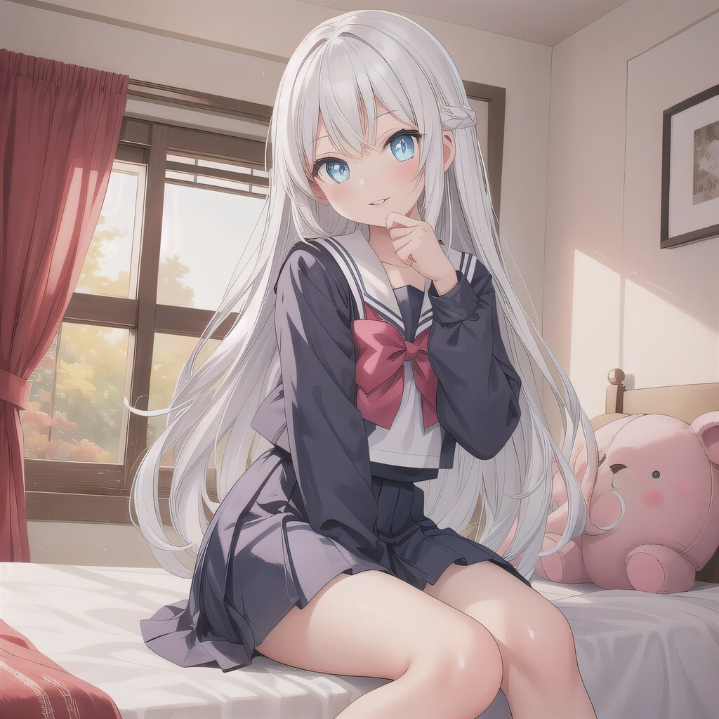 銀髪ロングで寝室の少女