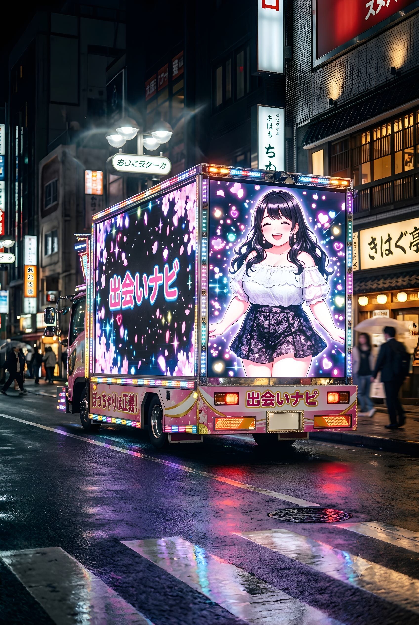 夜の繁華街のアドトラック