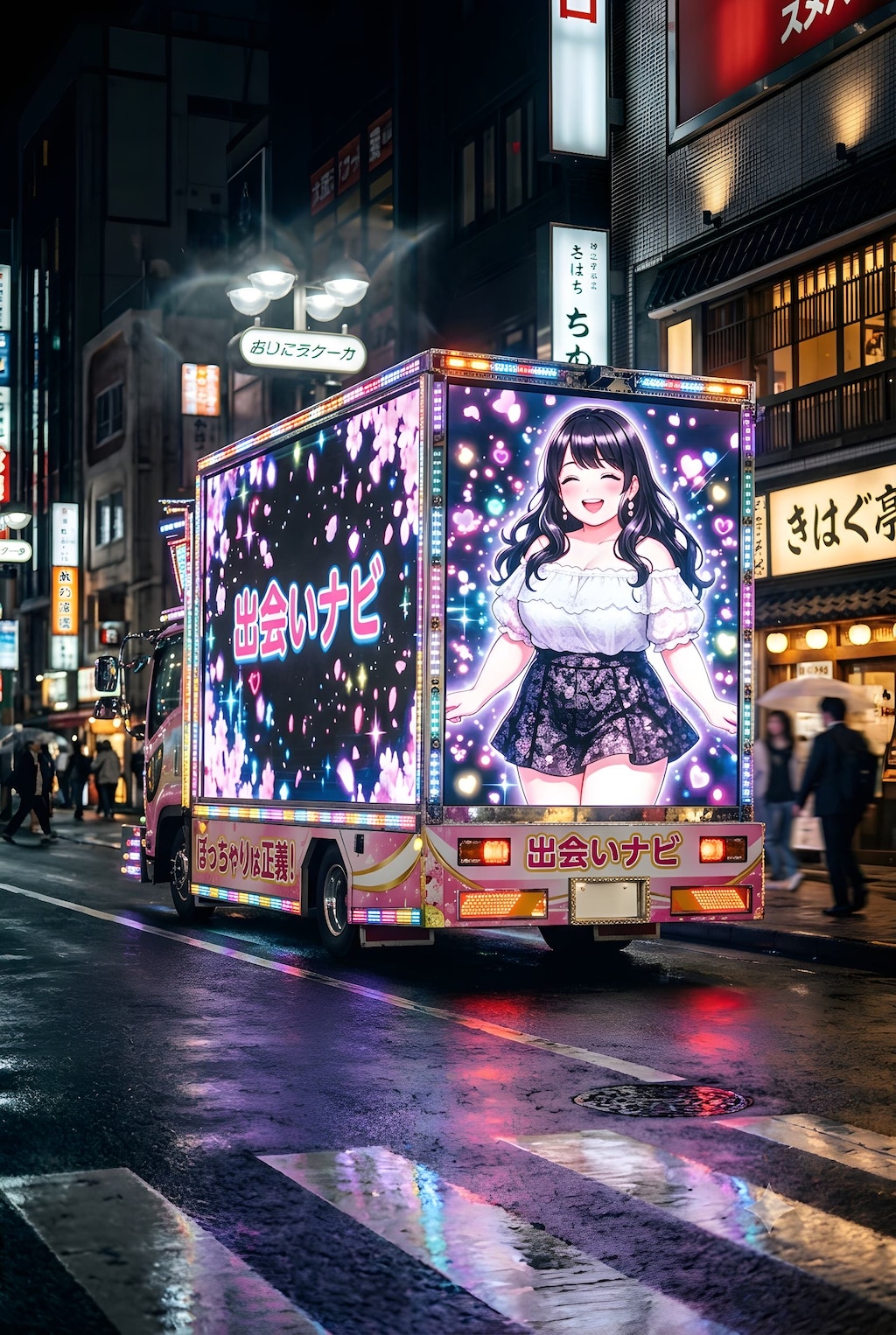 夜の繁華街のアドトラック