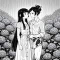 モノトーン描画の紫陽花園の姫カット淑女 3枚目