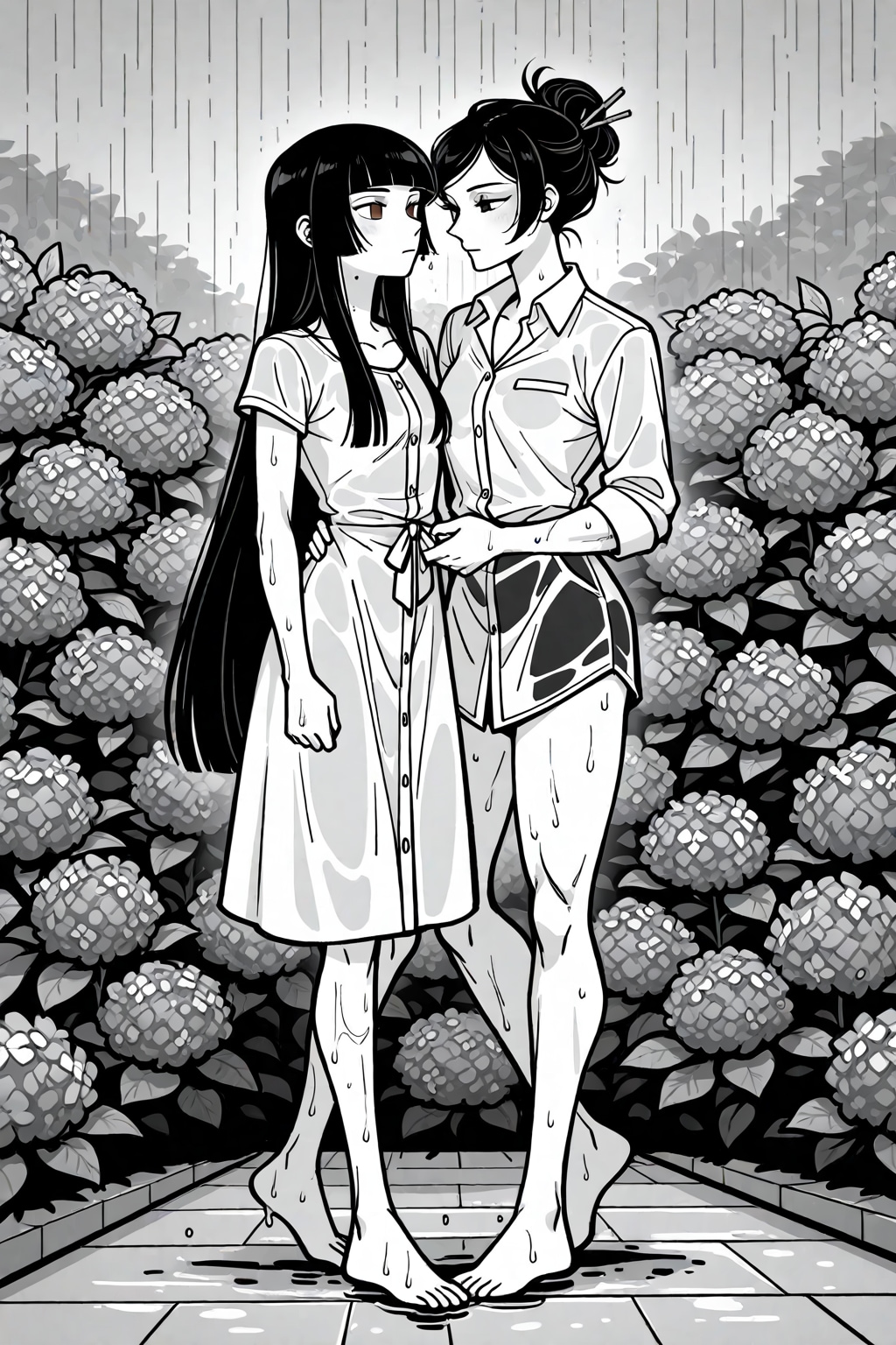 モノトーン描画の紫陽花園の姫カット淑女