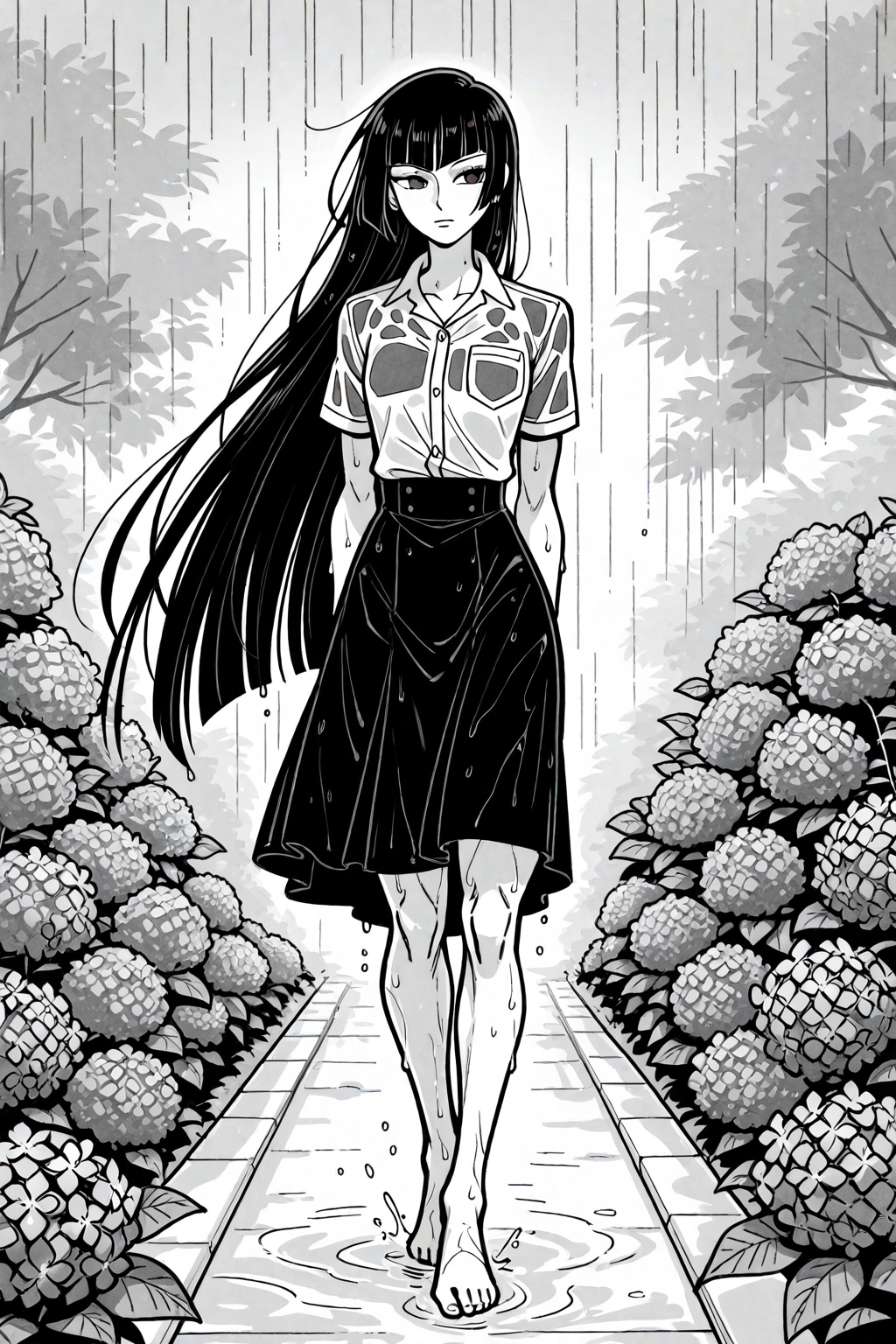 モノトーン描画の紫陽花園の姫カット淑女