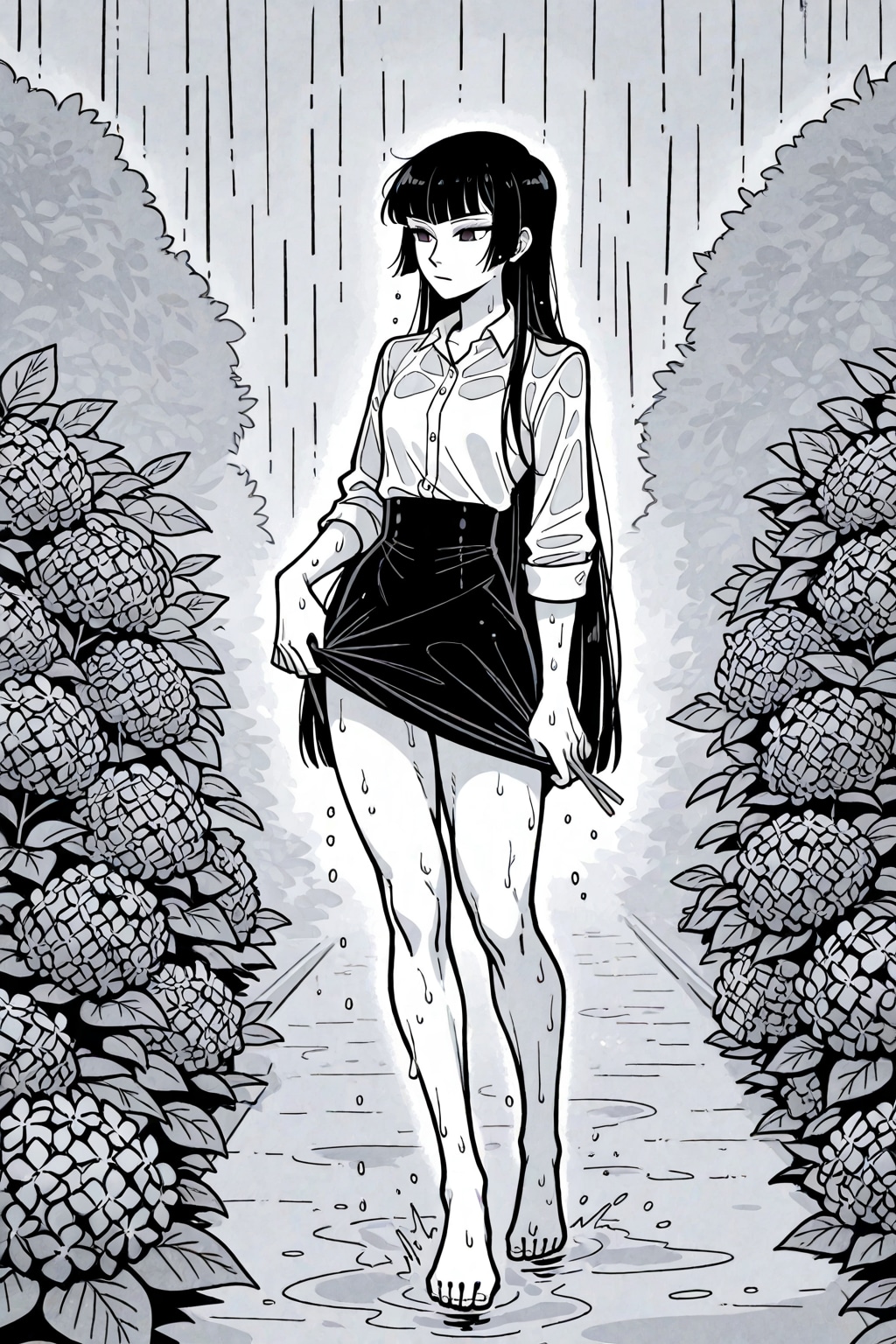 モノトーン描画の紫陽花園の姫カット淑女