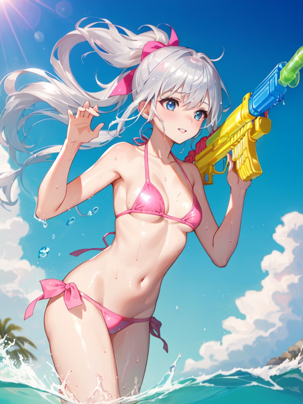 ピンク色の水着で本気の水遊び