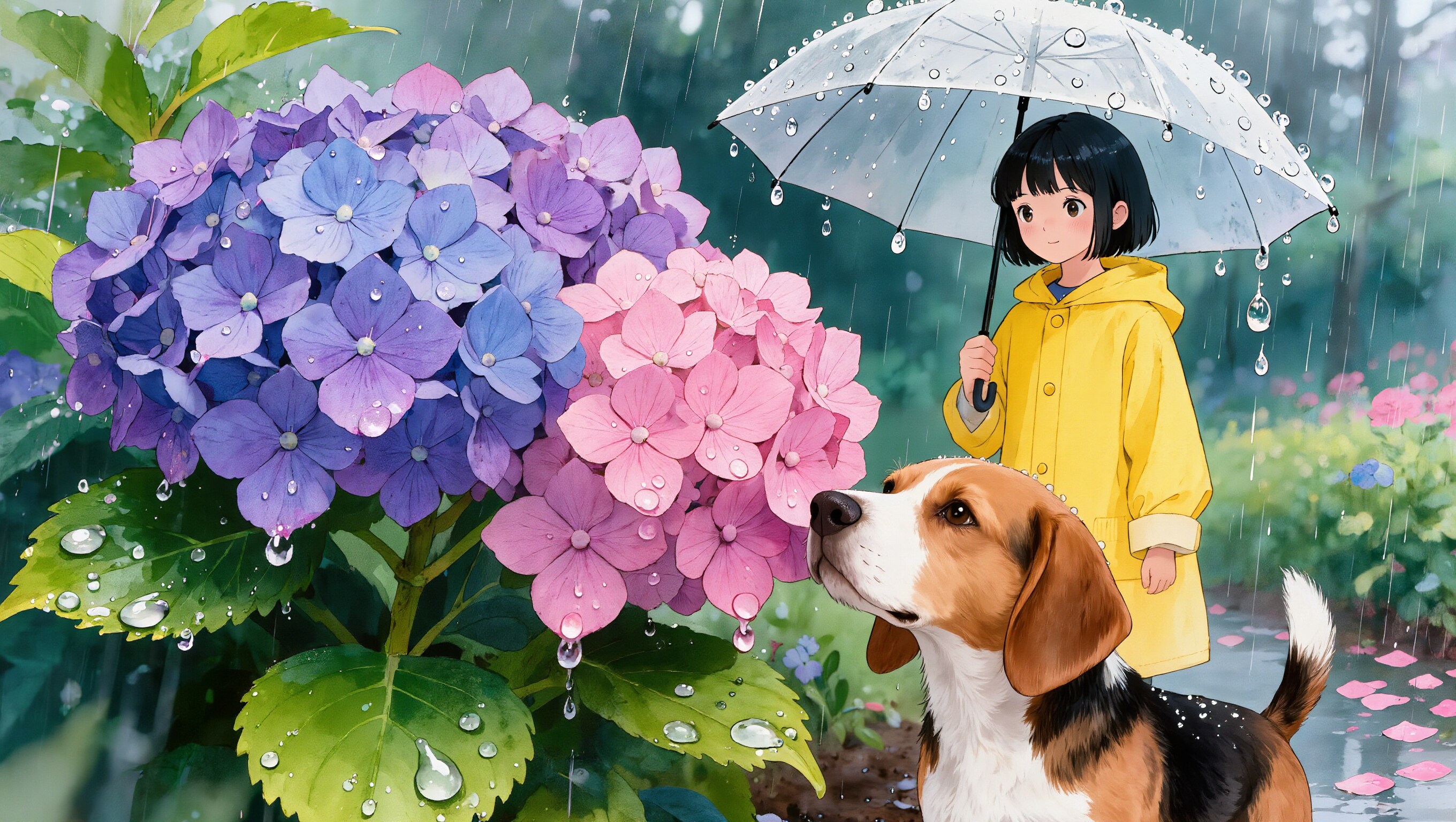 あじさいと犬と少女 (Kling AI Image 3.0)