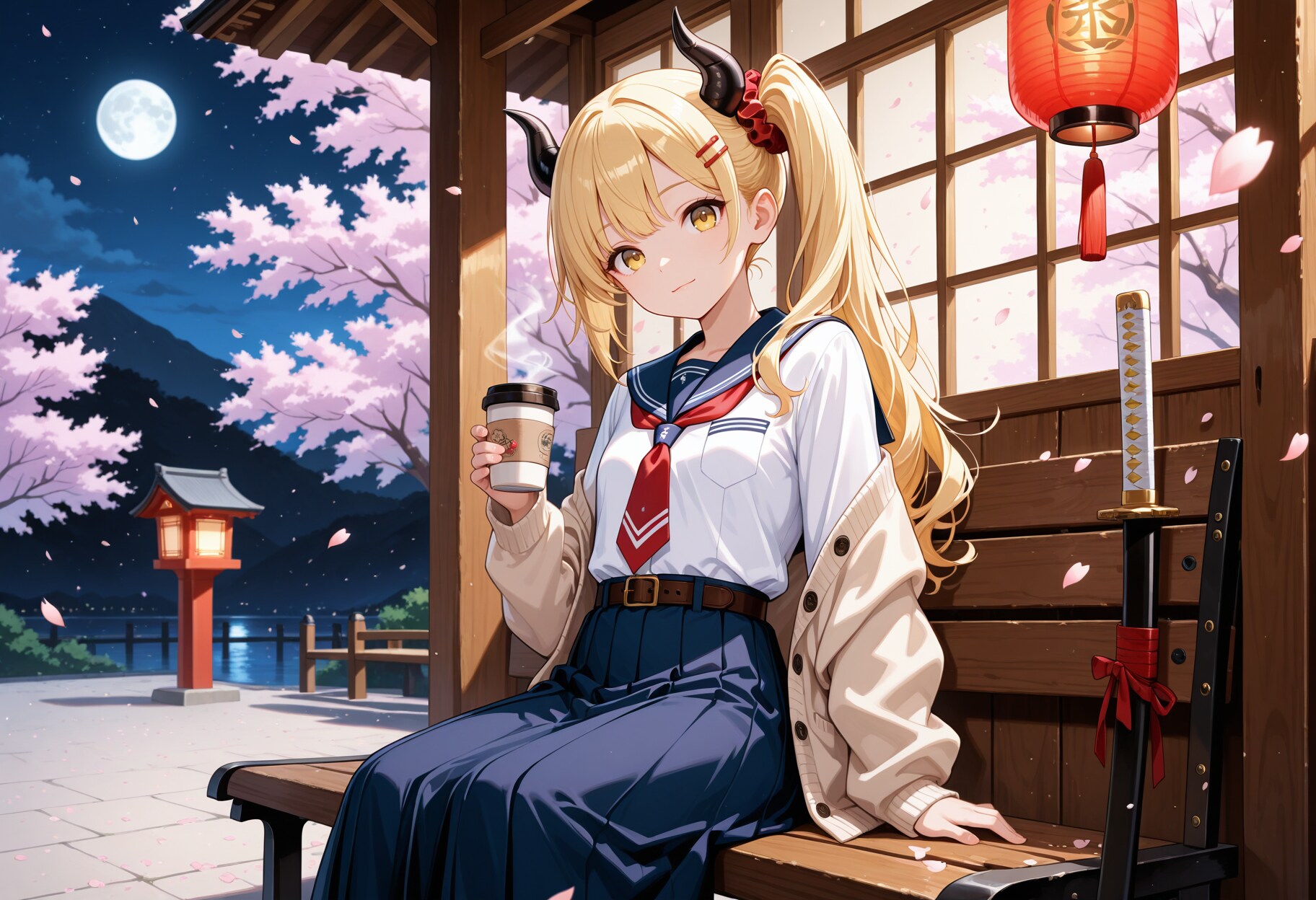 珈琲を飲みながら夜桜を楽しむ女鬼高生さん