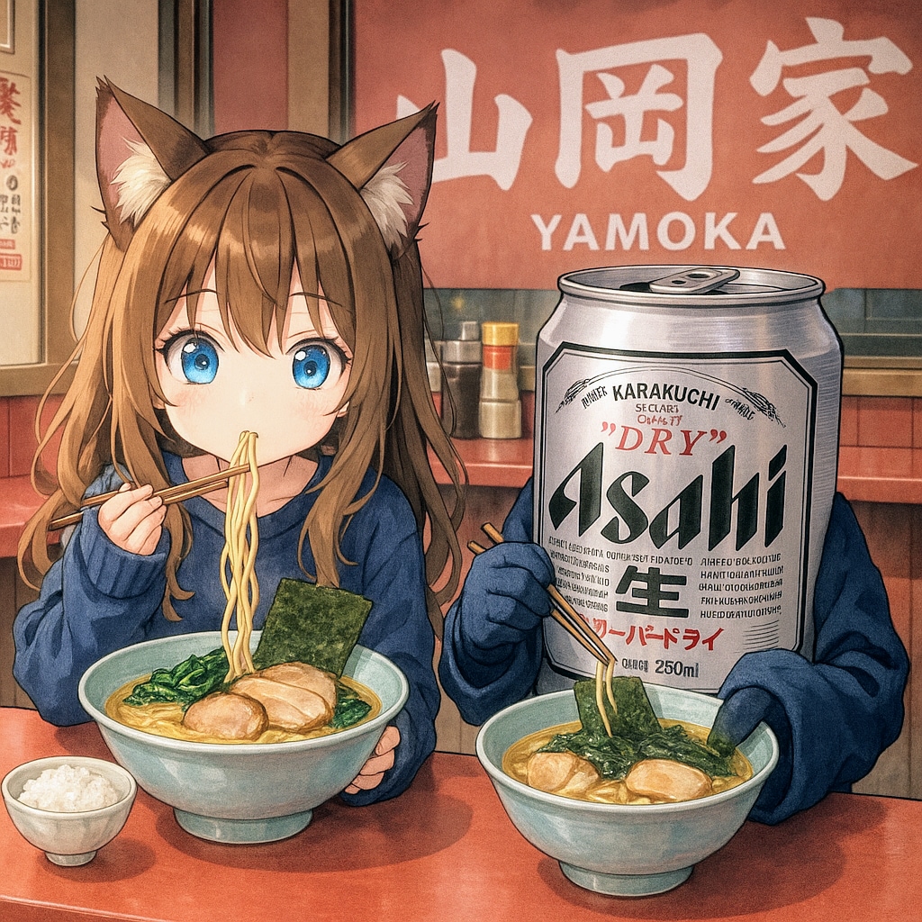 家系ラーメンを食べる小さな女の子