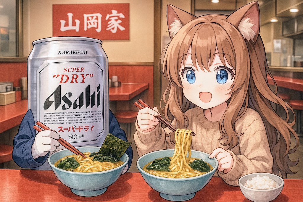 家系ラーメンを食べる小さな女の子