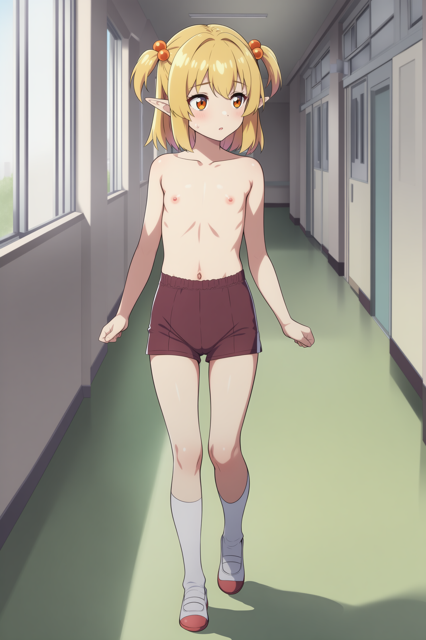 廊下で上半身裸のエルフさん
