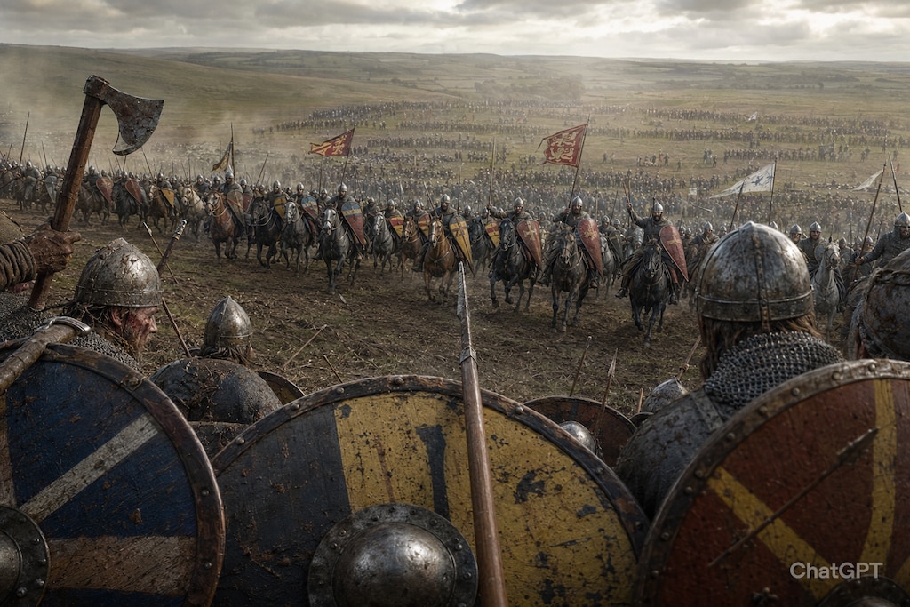 【歴史：『1066年10月14日、センラックの丘を登るノルマン騎兵』】