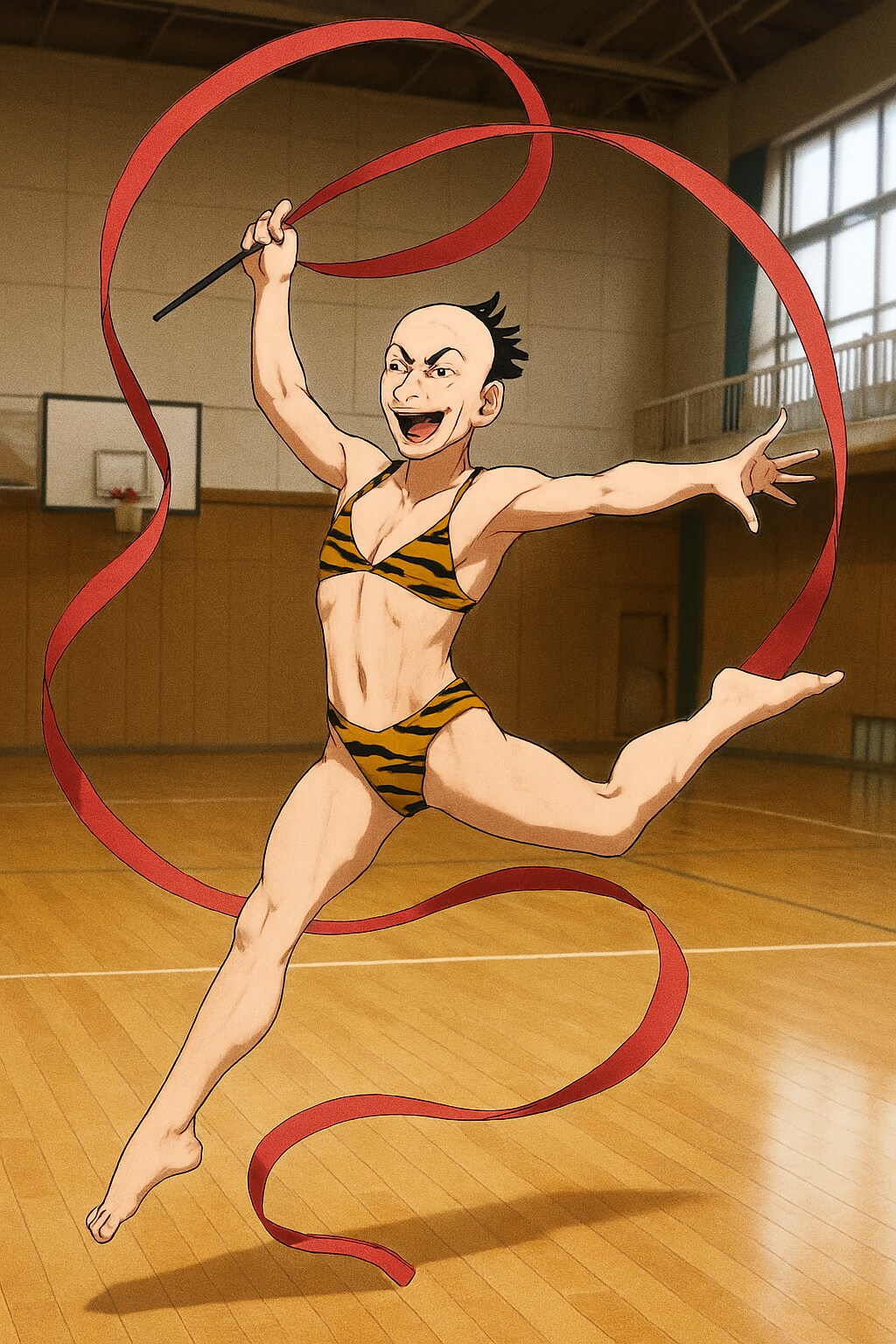 新体操をする虎縞ビキニのキャラ