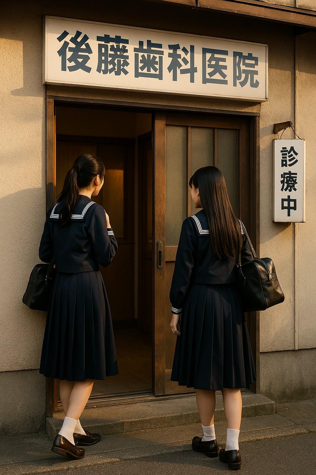 虫歯治療のため歯科医院を訪れるが入るのをためらうセーラ服姿の女子高生
