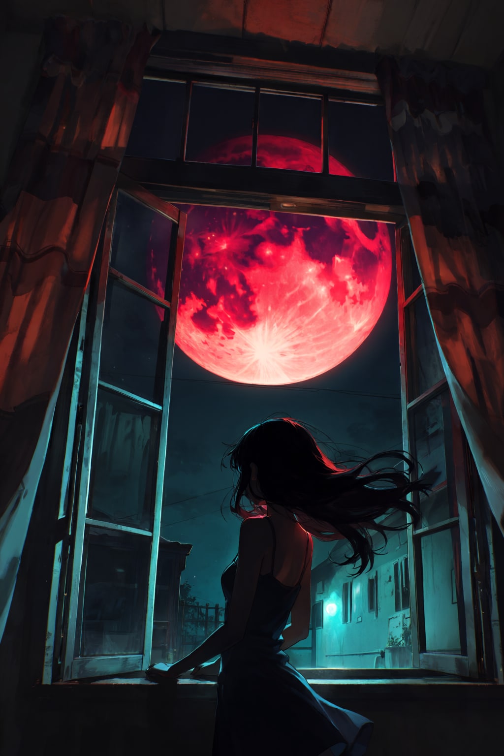 赤い月が浮かぶ夜 | の人気AIイラスト・グラビア