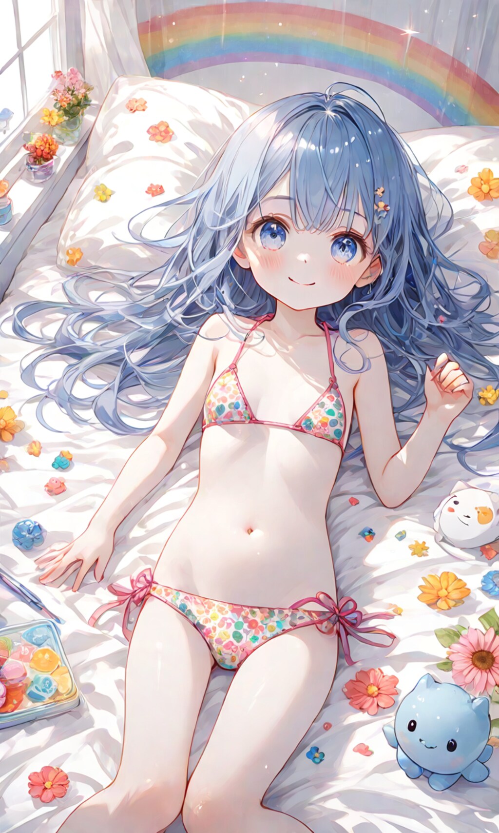 水着を着た少女(水色の水着の水玉模様ver)