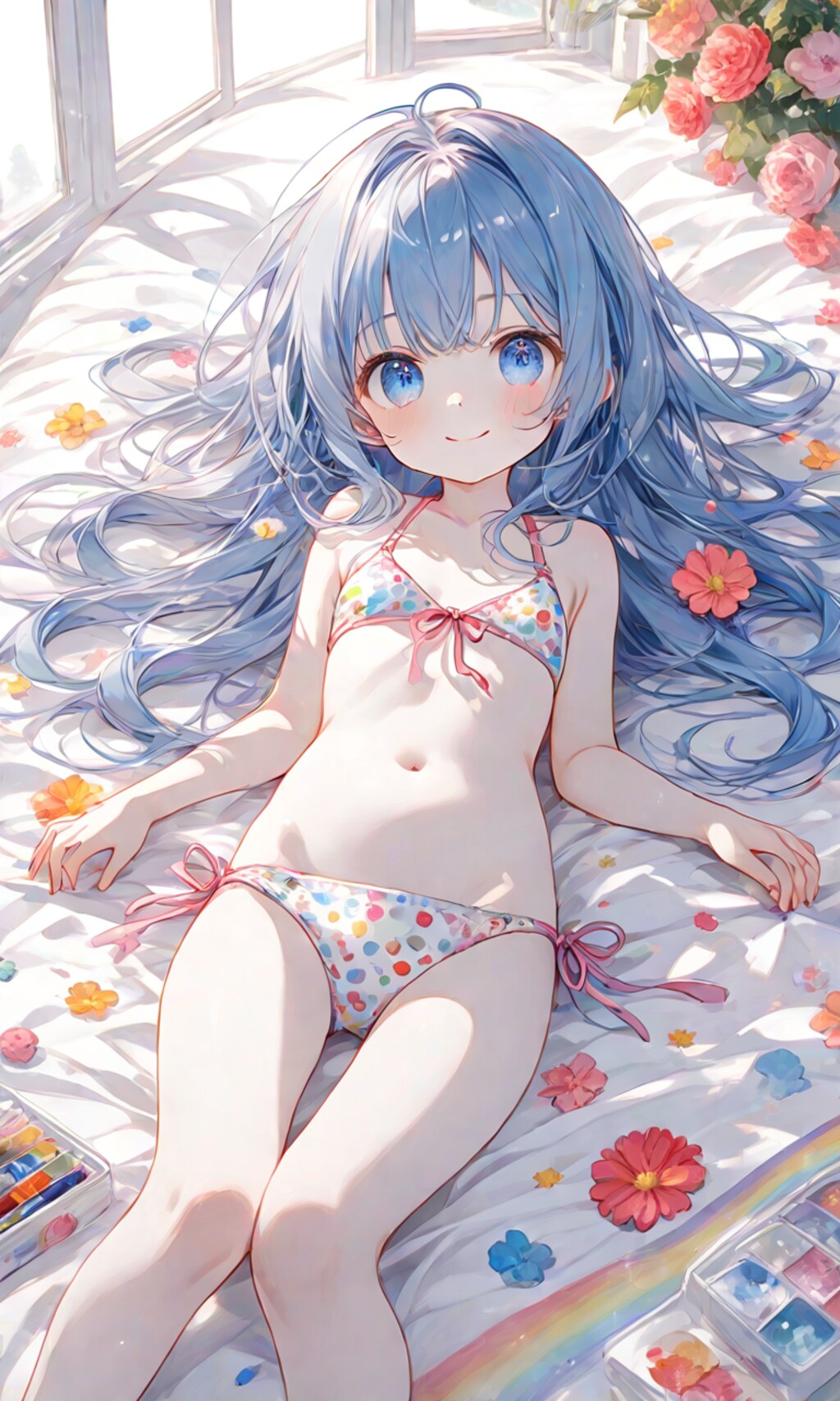 水着を着た少女(水色の水着の水玉模様ver)