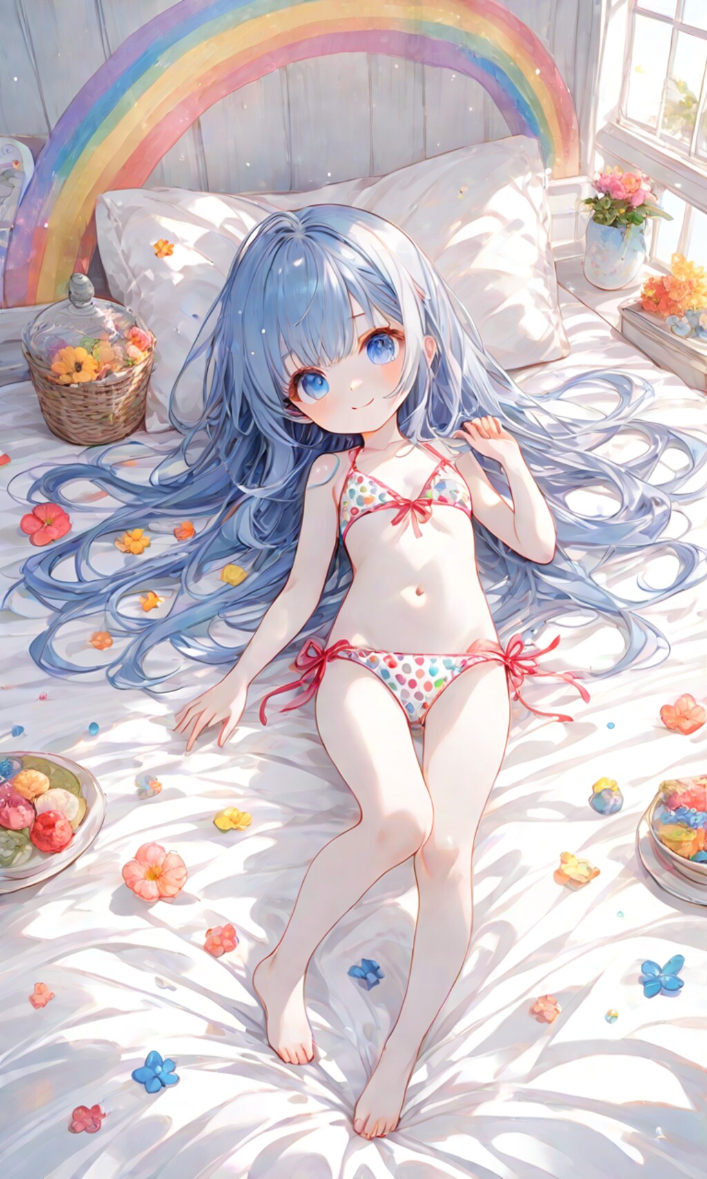 水着を着た少女(水色の水着の水玉模様ver)