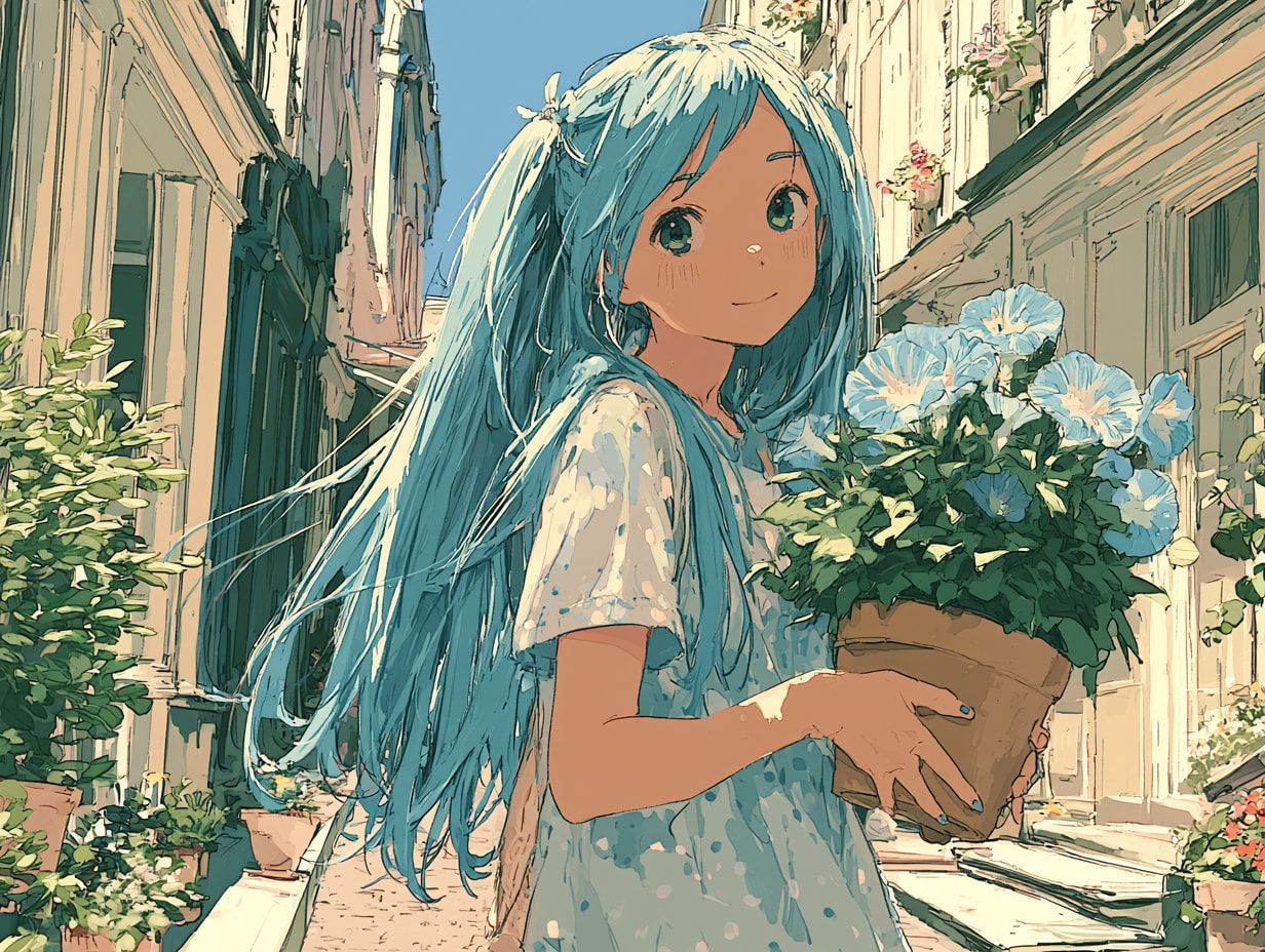 矮性アサガオと少女