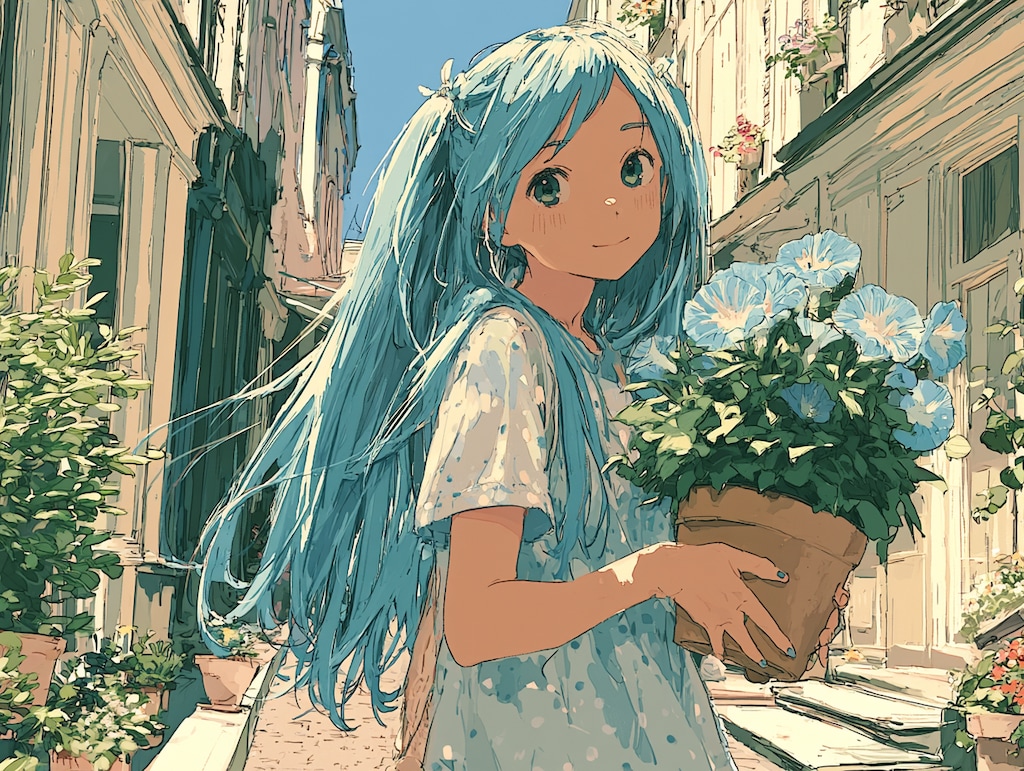 矮性アサガオと少女