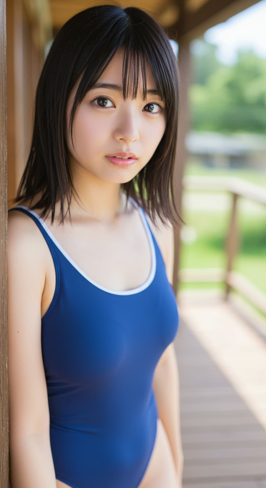 温泉旅館でスクール水着。