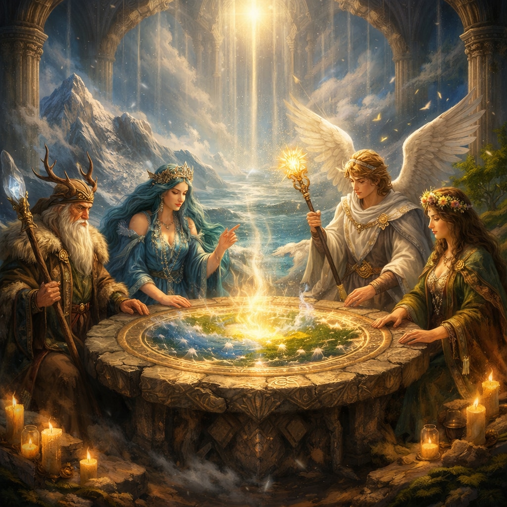 山の神、海の神、空の神、大地の神による会議