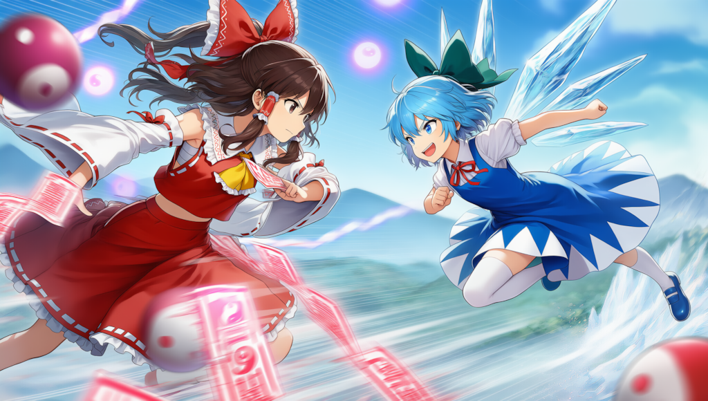 東方　霊夢　チルノ　弾幕ごっこ　横から