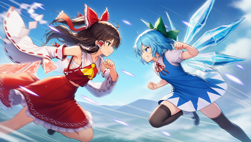 東方　霊夢　チルノ　弾幕ごっこ　横から