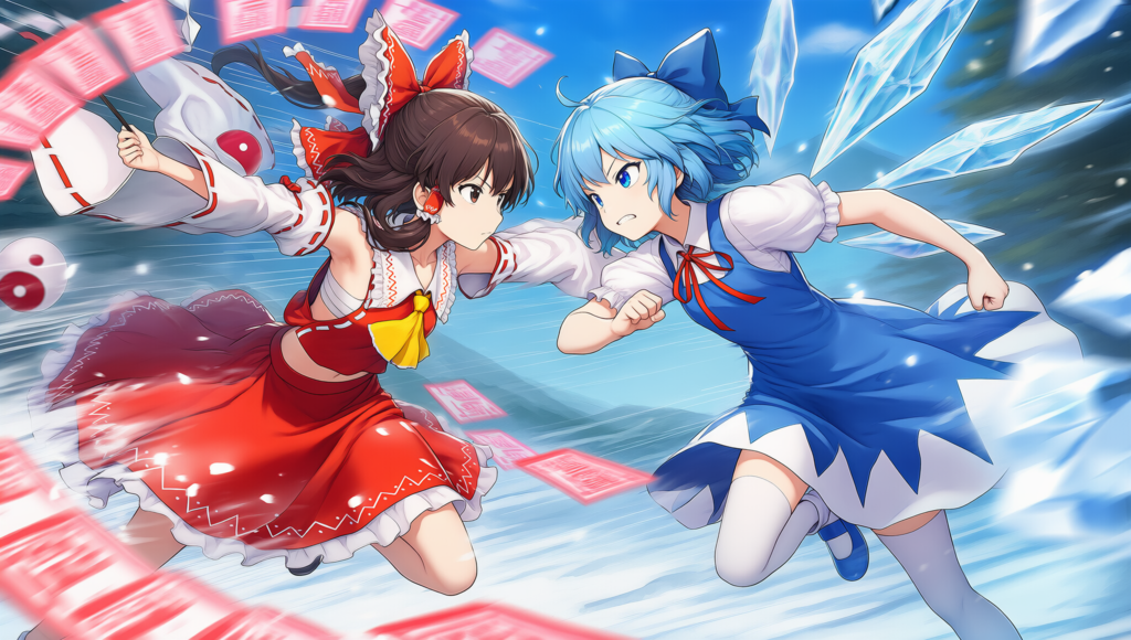 東方　霊夢　チルノ　弾幕ごっこ　横から