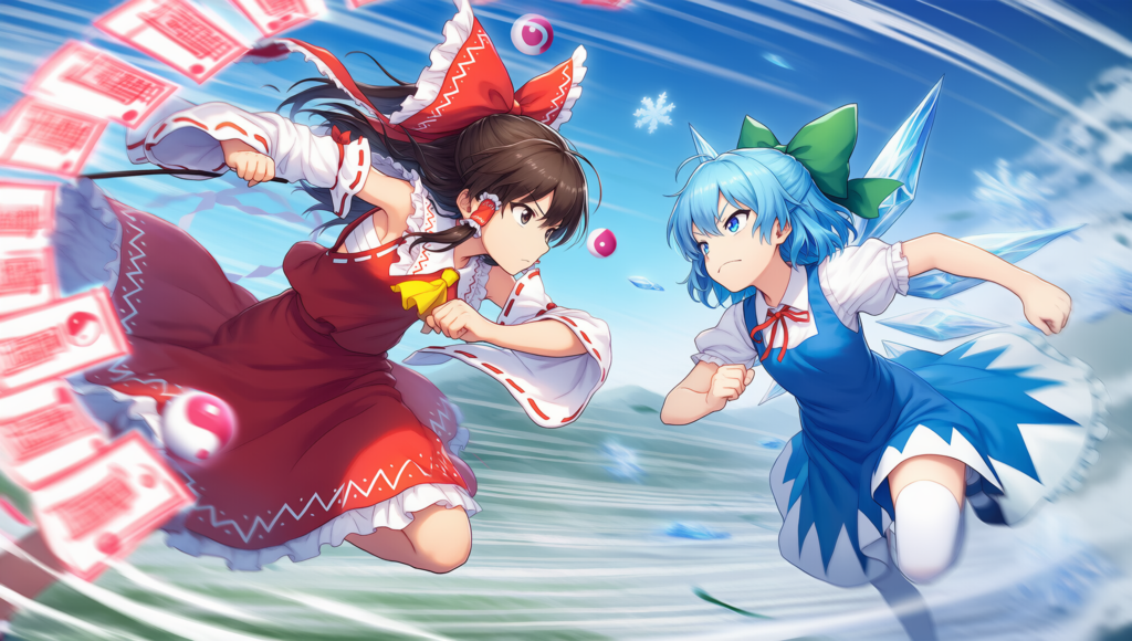 東方　霊夢　チルノ　弾幕ごっこ　横から