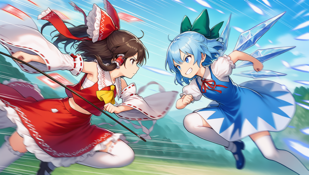 東方　霊夢　チルノ　弾幕ごっこ　横から