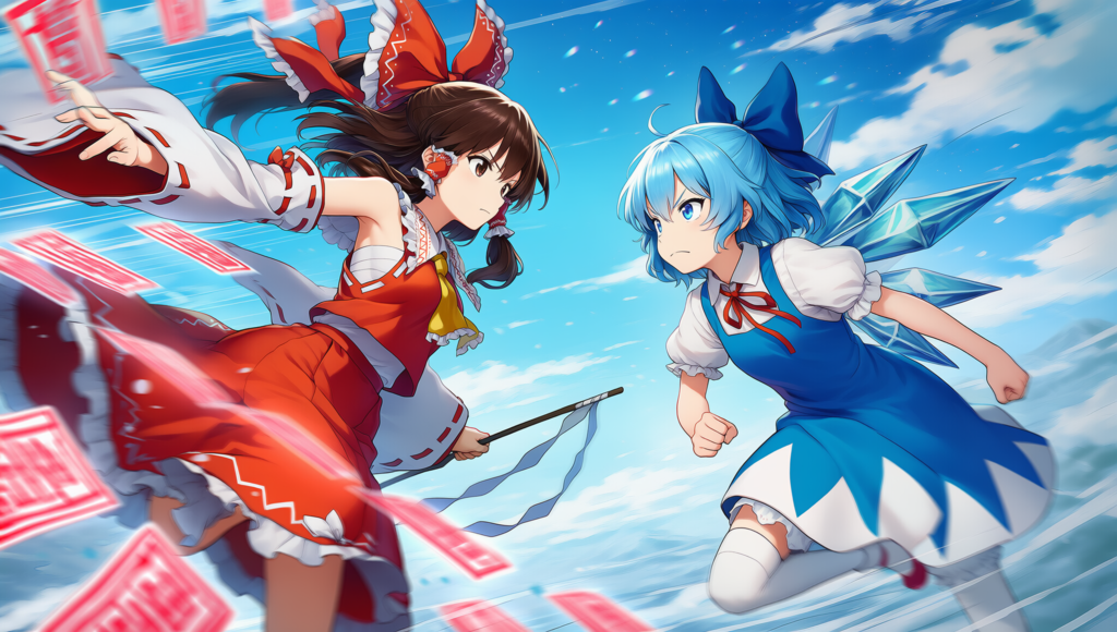 東方　霊夢　チルノ　弾幕ごっこ　横から