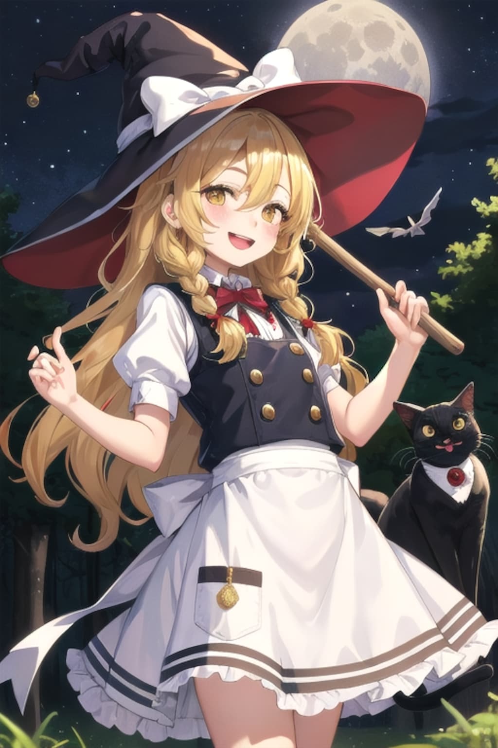 魔法使いと言えば月夜、ほうき、クロネコ