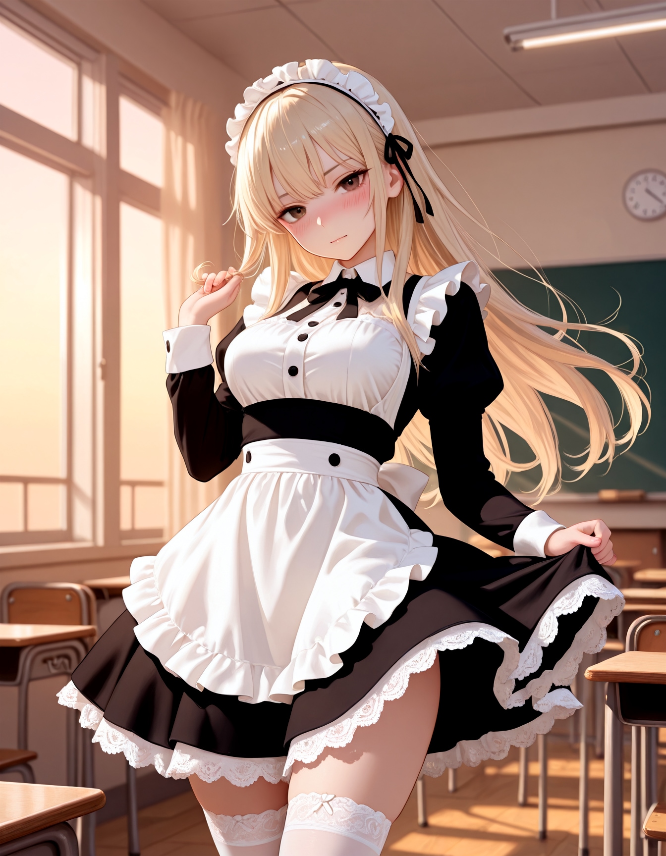 金髪のクラスメート、教室でメイド服着せられる | の人気AIイラスト・グラビア