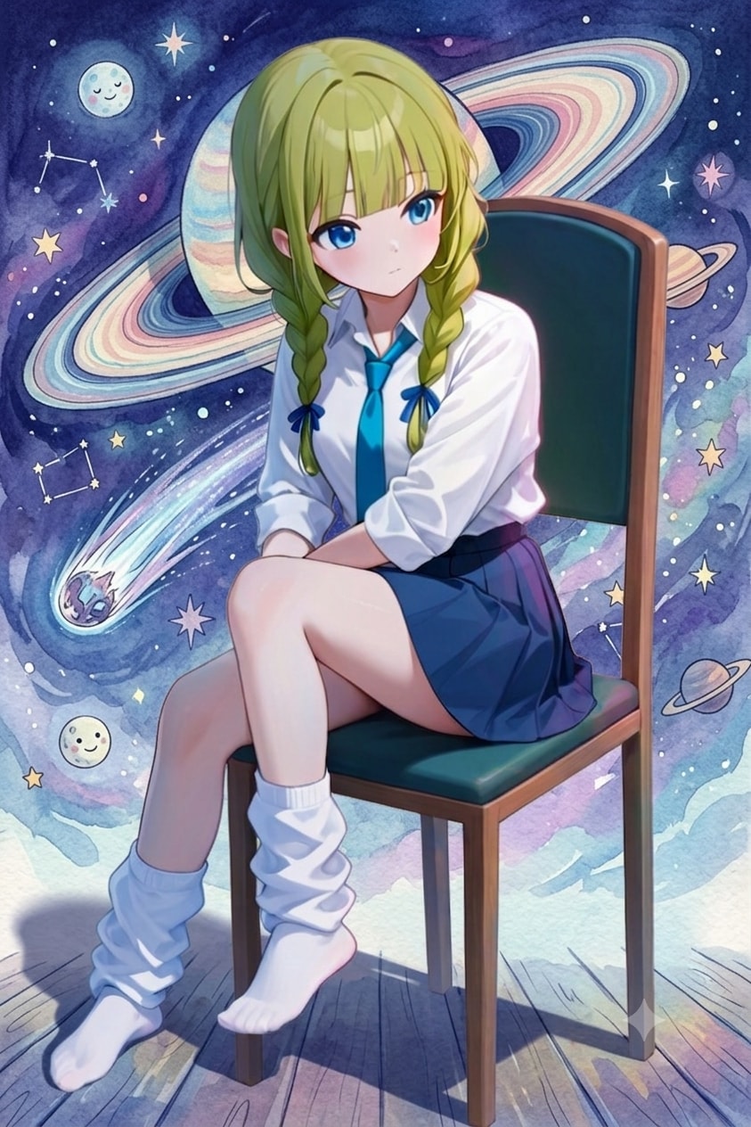 星空と緑髪ちゃん