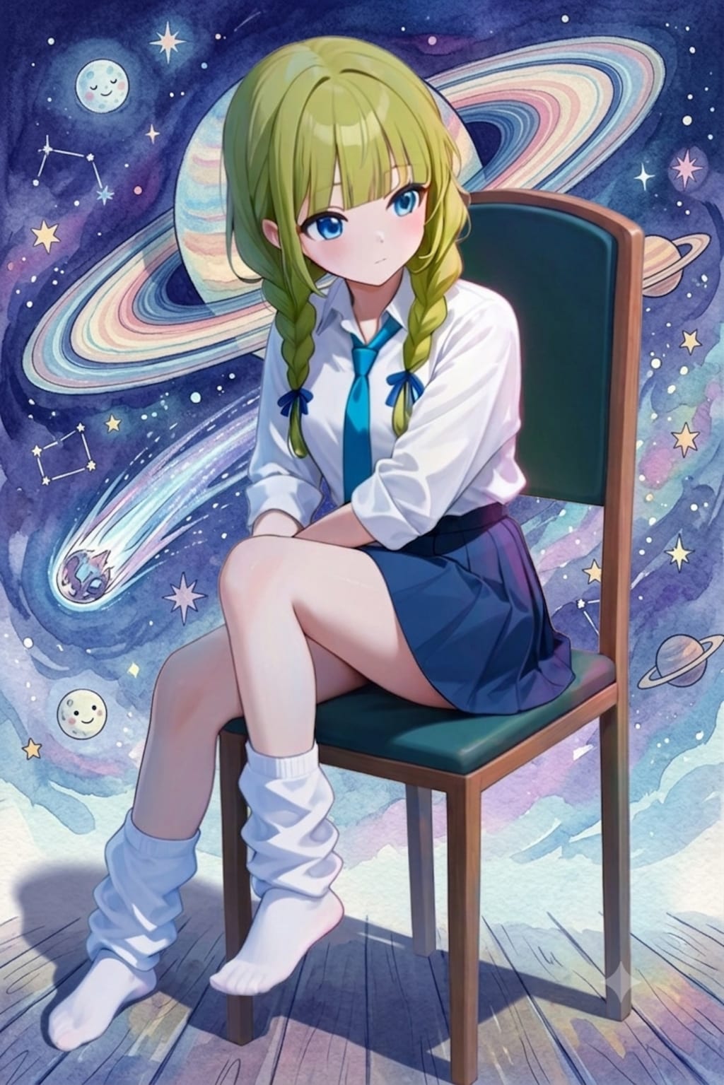 星空と緑髪ちゃん