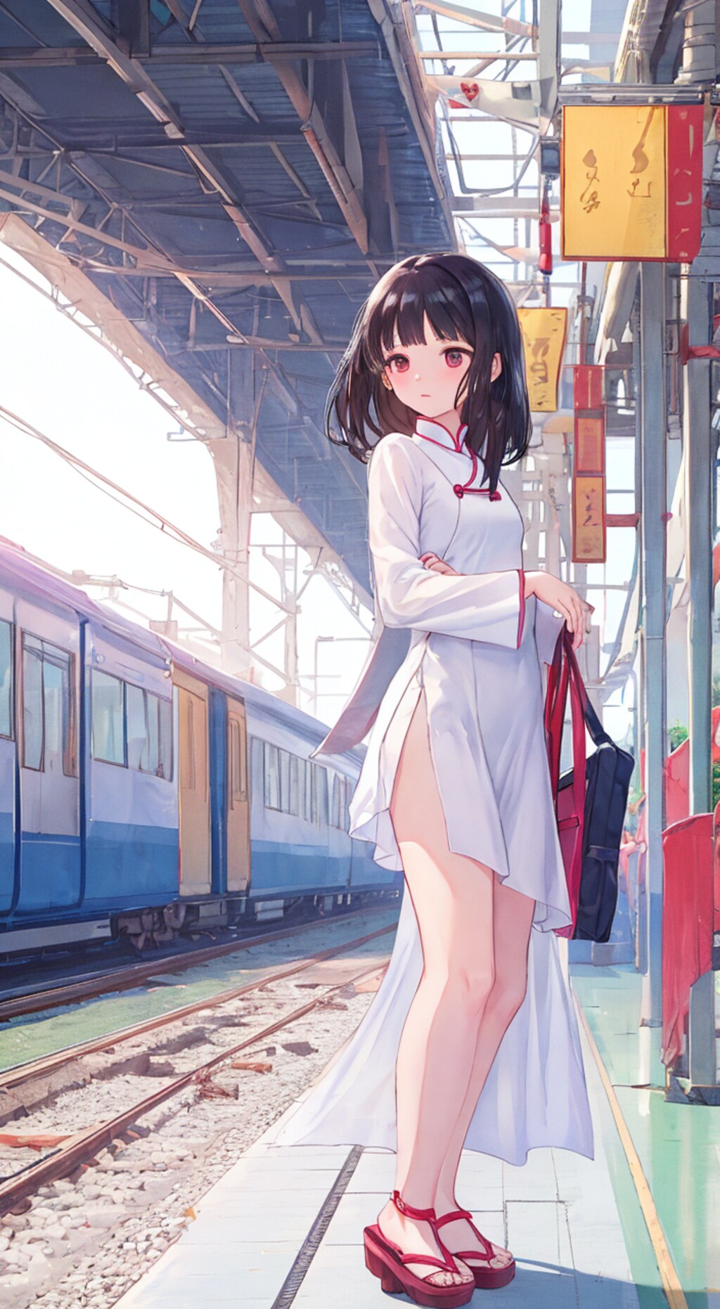 電車ホームのアオザイ娘