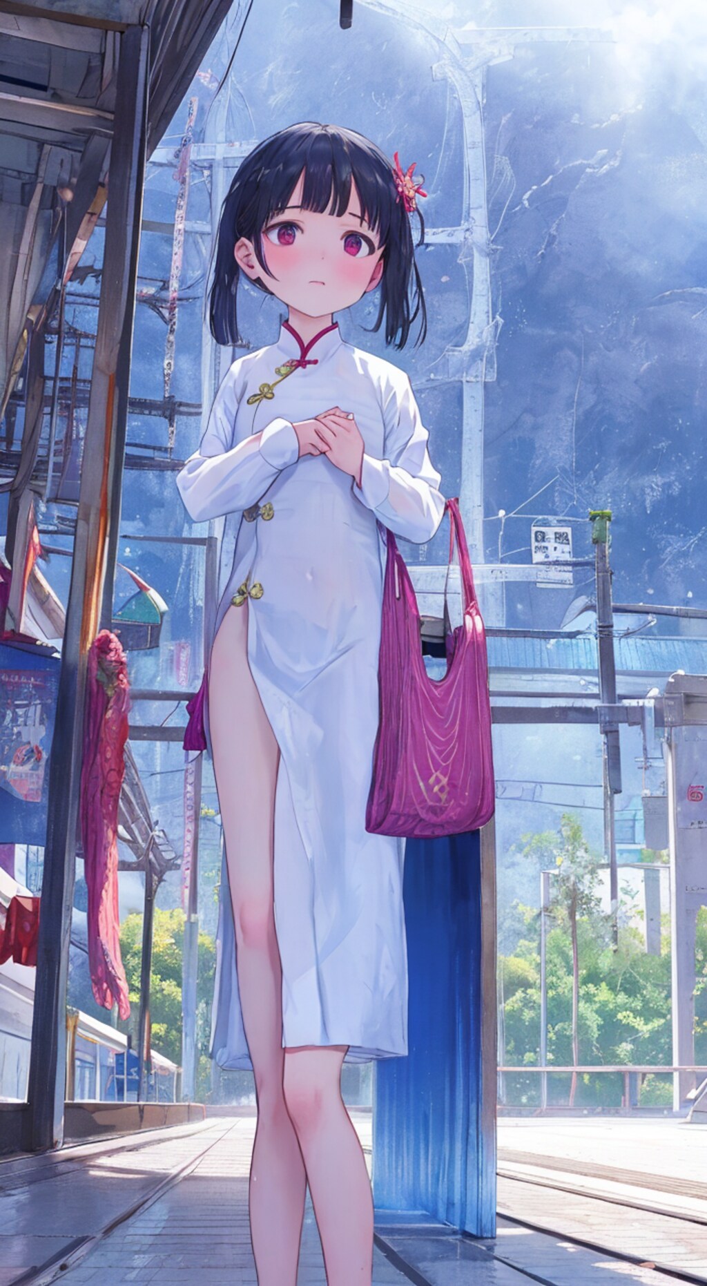 電車ホームのアオザイ娘