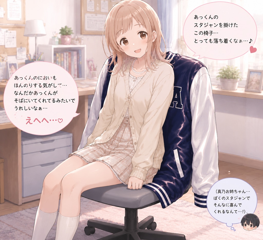 あっくんのスタジャンを椅子にワイルドに掛けてお尻に敷く櫻木真乃ちゃん