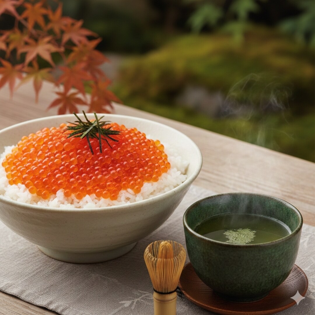 【昼食】いくら丼、緑茶？