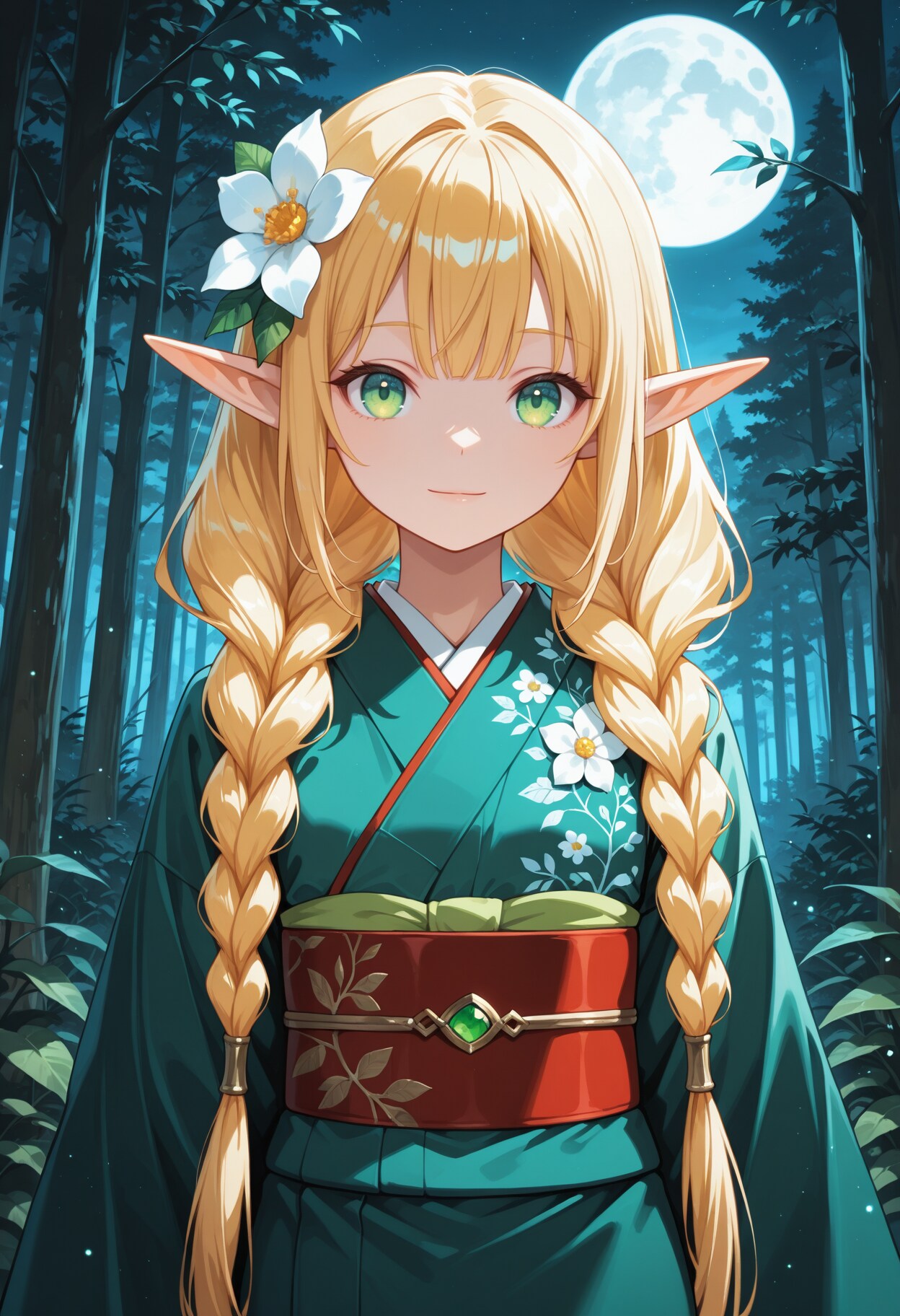 夜の森と月と着物エルフ魔女さん