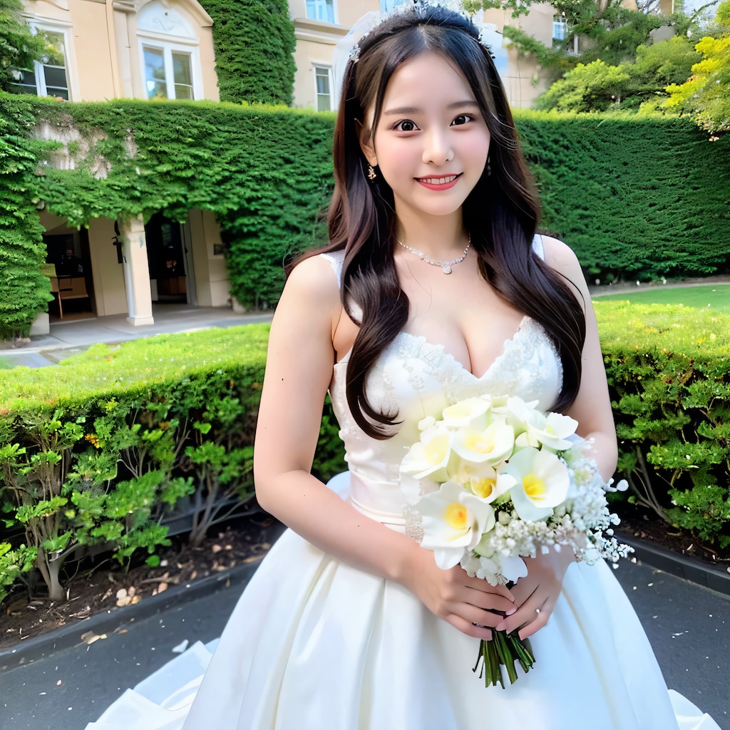 黒髪ロングでウェディングドレスの美女１１０