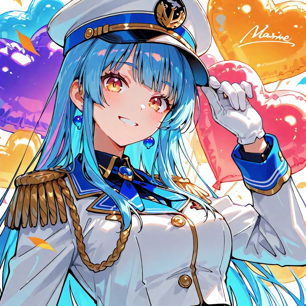 いっぱい色とりどりのハート風船を持つ青い髪ロングの海兵服着た美女