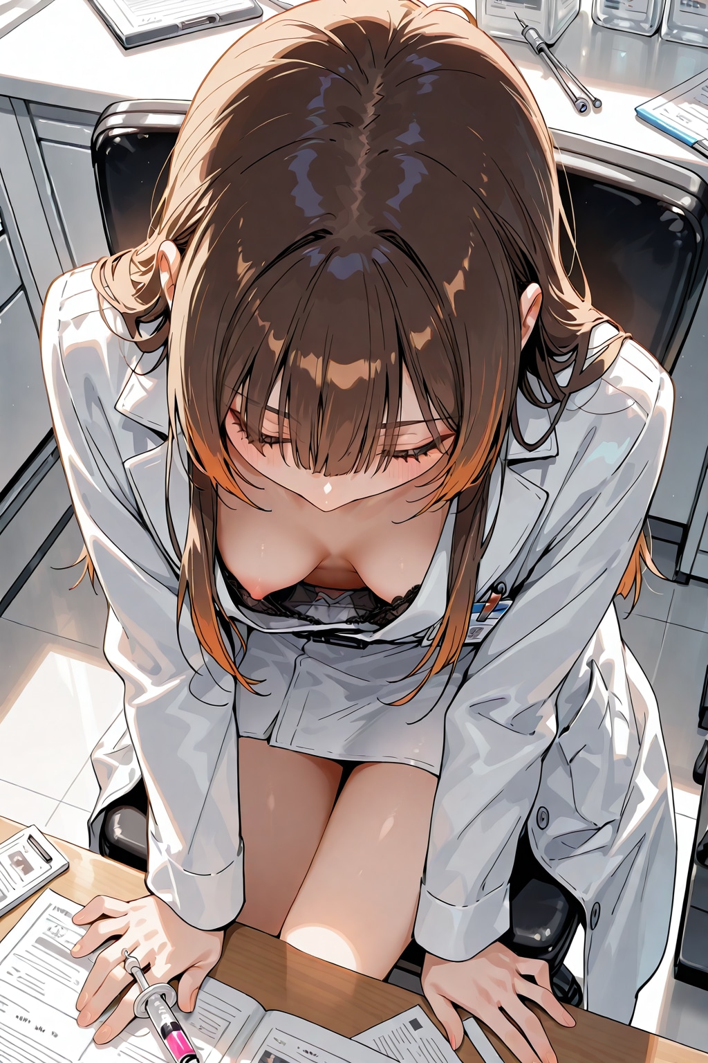 女医が立ち上がる瞬間の胸チラ
